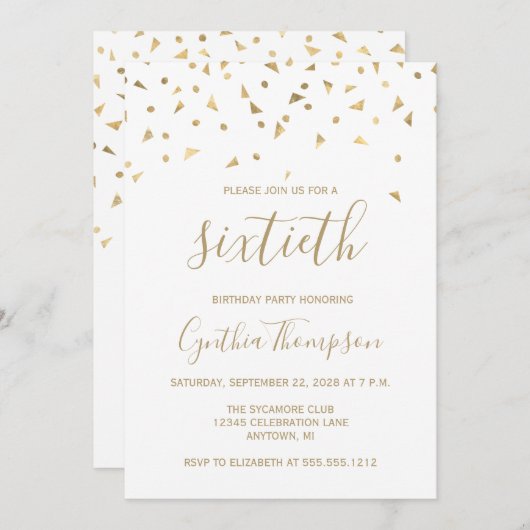金ゴールド紙吹雪三角形60th誕生日パーティー 招待状 (正面/裏面)