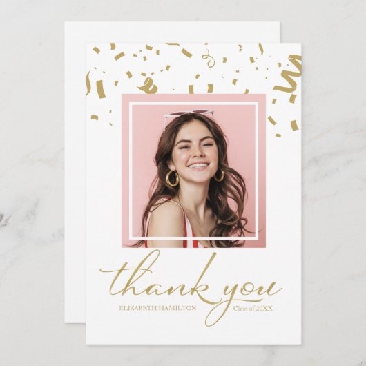 金ゴールド紙吹雪卒業写真ありがとう サンキューカード (正面/裏面)