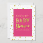 金ゴールド紙吹雪明るい赤紫色ピンクベビーシャワー招待状 招待状 (正面)