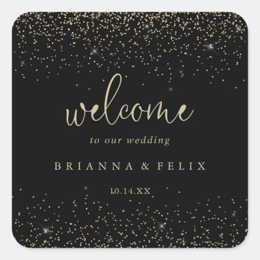金ゴールド紙吹雪書道スクリプト結婚の歓迎 スクエアシール (正面)