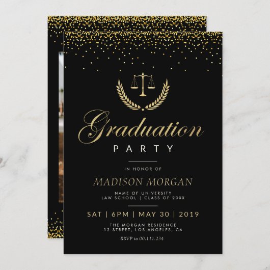 金ゴールド紙吹雪法科大学院パーティの招待状 招待状 (正面/裏面)