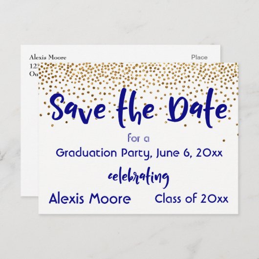 金ゴールド紙吹雪海軍の卒業パーティー日付の保存 案内ポストカード (正面/裏面)