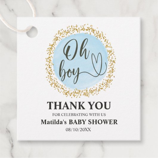 金ゴールド紙吹雪男の赤ちゃんシャワーメッセージカード フェイバータグ (正面)