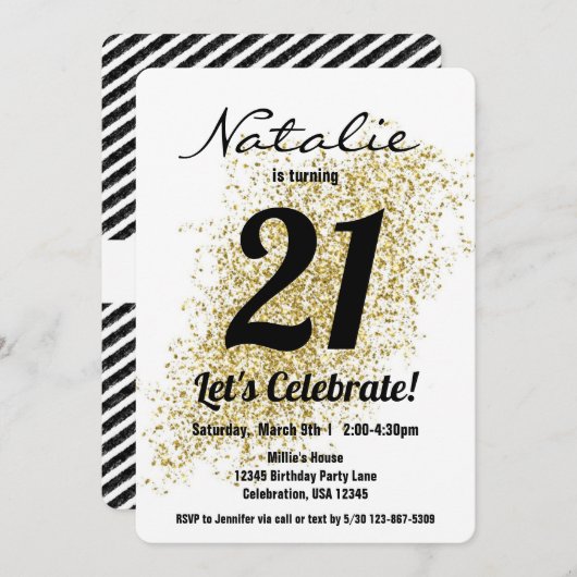 金ゴールド紙吹雪白黒ガール誕生日 招待状 (正面/裏面)