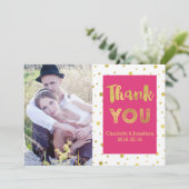 金ゴールド紙吹雪結婚ピンクの感謝フォトカード サンキューカード (スタンド正面)