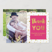 金ゴールド紙吹雪結婚ピンクの感謝フォトカード サンキューカード (正面/裏面)