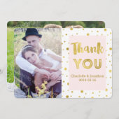 金ゴールド紙吹雪結婚ピンクの感謝フォトカード サンキューカード (正面/裏面)