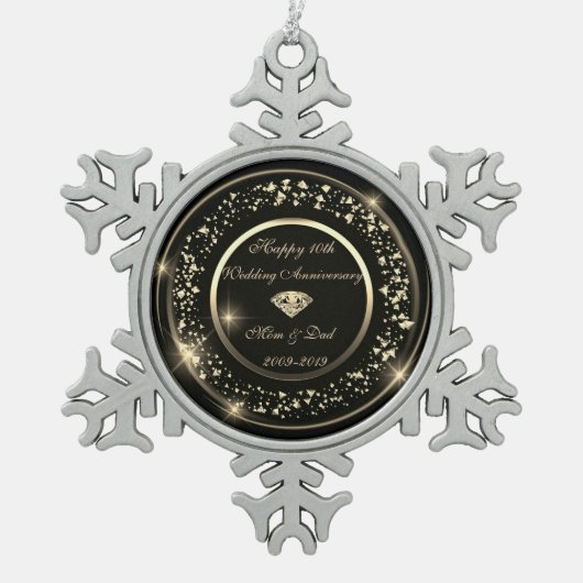 金ゴールド紙吹雪結婚10周年記念 スノーフレークピューターオーナメント (正面)