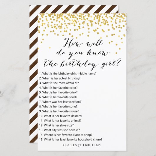 金ゴールド紙吹雪誕生日の女の子をどれだけ知っているか (正面/裏面)