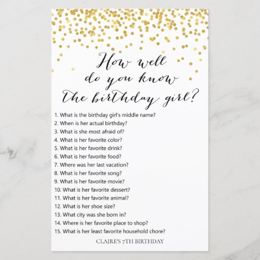 金ゴールド紙吹雪誕生日の女の子をどれだけ知っているか (正面)