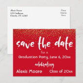 金ゴールド紙吹雪赤の卒業式パーティ日付の保存 案内ポストカード (正面/裏面)