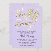 金ゴールド紙吹雪足ベビーガールボーイシャワーパープル 招待状 (正面/裏面)