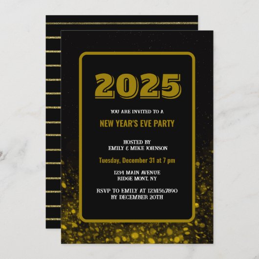 金ゴールド紙吹雪2025年大晦日カスタム年 招待状 (正面/裏面)