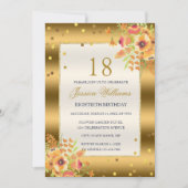 金ゴールド紙吹雪&コーナーフラワーズ18th誕生日 招待状 (正面)