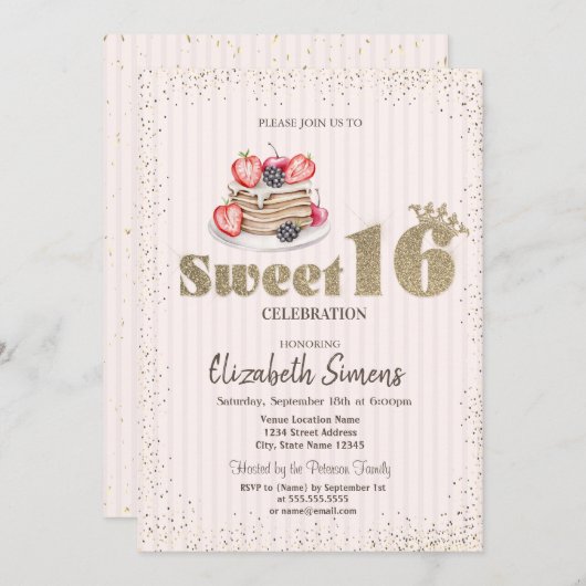 金ゴールド紙吹雪、パンケーキストライプの、甘い16 招待状 (正面/裏面)