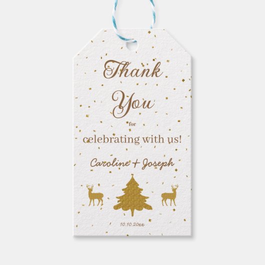 金ゴールド紙吹雪、木とグリッター鹿結婚ズ ギフトタグ (正面)