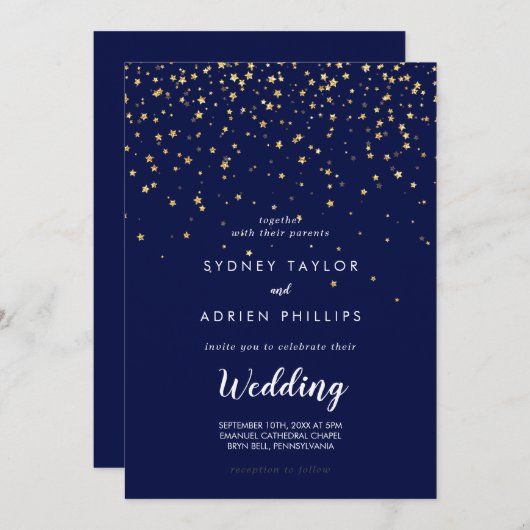 金ゴールド紙吹雪 |海軍インフォーマル結婚式招待状 招待状 (正面/裏面)