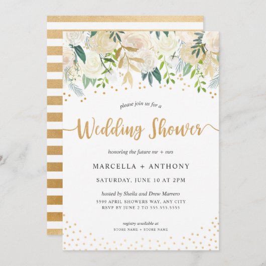 金ゴールド紙吹雪+白フローラカップル 招待状 (正面/裏面)