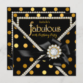 金ゴールド素晴らしい誕生日パーティーブラック金ゴールド水玉模様 招待状 (正面/裏面)