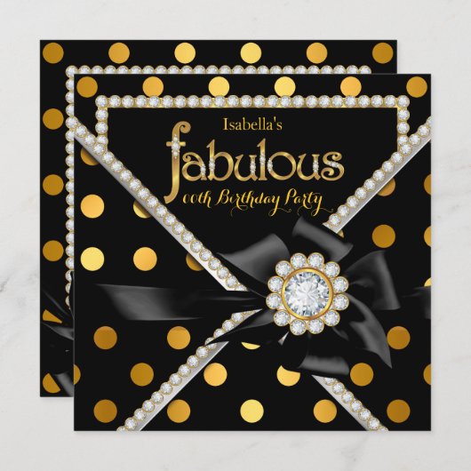 金ゴールド素晴らしい誕生日パーティーブラック金ゴールド水玉模様 招待状 (正面/裏面)