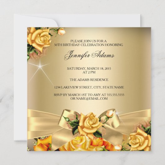 金ゴールド素晴らしい50フォトイエローローズ誕生日3 招待状 (裏面)