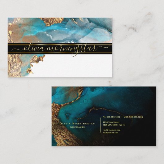 金ゴールド素晴らしアクア液アルコールインク水彩色 名刺 (正面/裏面)