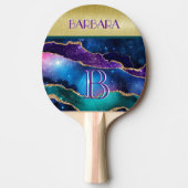 金ゴールド素晴らしティール（緑がかった色）パープルカスタムモノグラム 卓球ラケット (正面)