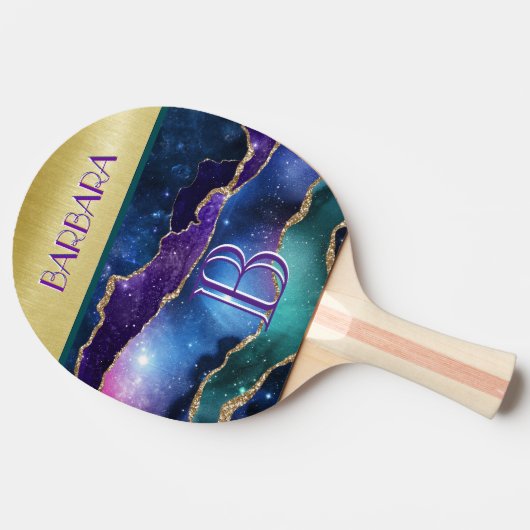 金ゴールド素晴らしティール(緑がかった色)パープルカスタムモノグラム 卓球ラケット (横)