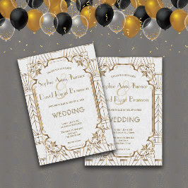 金ゴールド素晴らしホワイトアールデコ1920s結婚 招待状