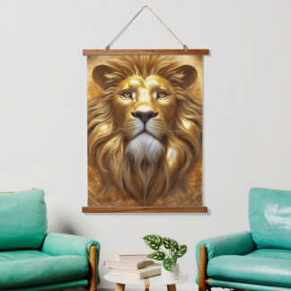 金ゴールド素晴らしライオン頭 吊り下げ型タペストリー