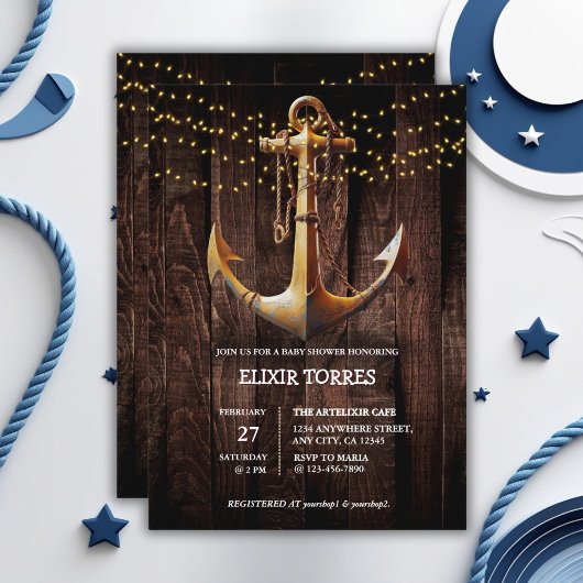 金ゴールド素朴いかりベビーシャワー 招待状