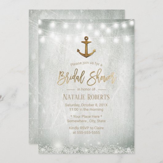 金ゴールド素朴いかりベビーズブレスブライダルシャワー 招待状 (正面/裏面)