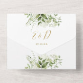 金ゴールド素朴アーチ緑QRコー結婚ド オールインワン招待状 (裏面)