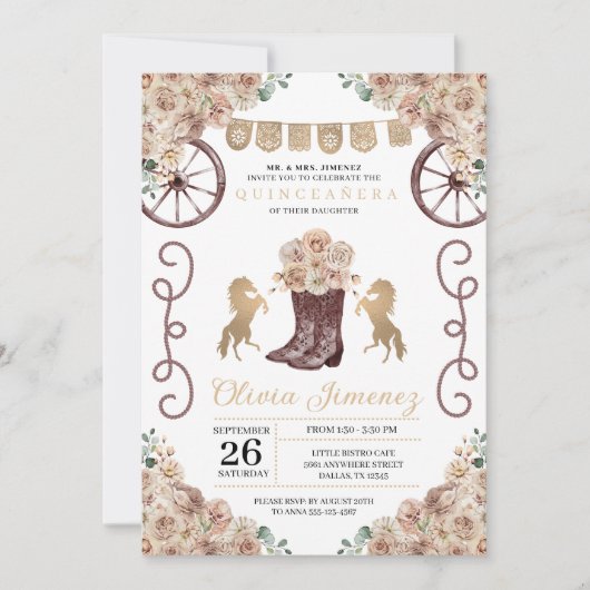 金ゴールド素朴ウエスタンカウボーブーツキンセアニラ 招待状 (正面)