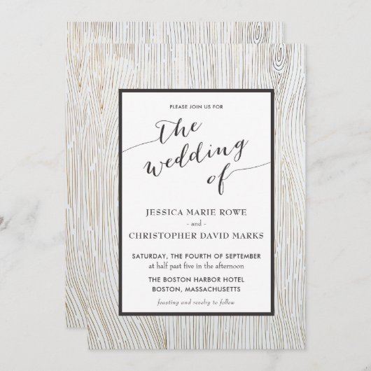 金ゴールド素朴ウッドグレイン結婚式招待状 招待状 (正面/裏面)