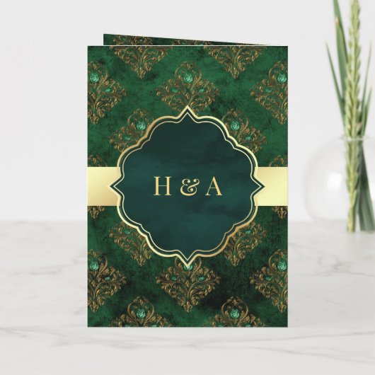 金ゴールド素朴エメラルドグリーンダマスクムスリム結婚ズ 招待状 (裏面)