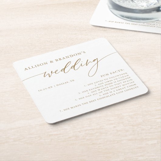 金ゴールド素朴エレガントな結婚式おもしろいファクト スクエアペーパーコースター (アングル)