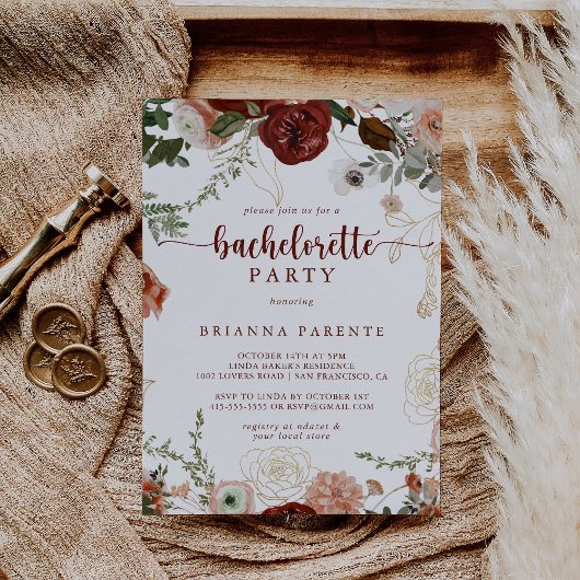 金ゴールド素朴カラフルフローラバチェロレッテ 招待状