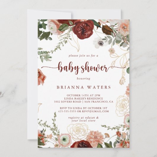 金ゴールド素朴カラフルフローラ赤ちゃんシャワー 招待状 (正面)