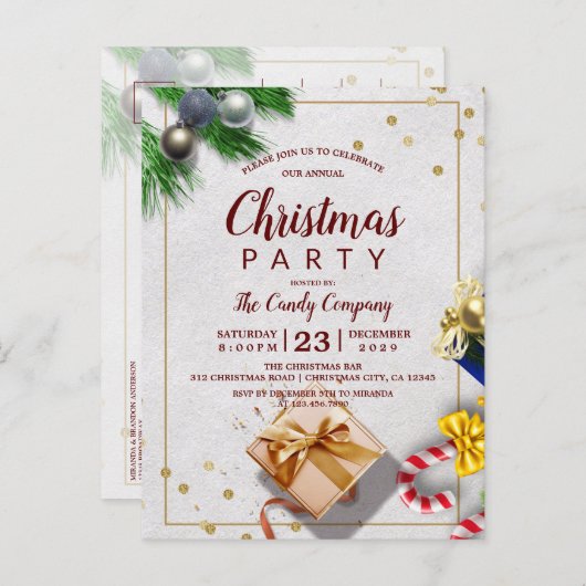 金ゴールド素朴ギフト&キャンディクリスマスパーティーの訪問 インビテーションポストカード (正面/裏面)