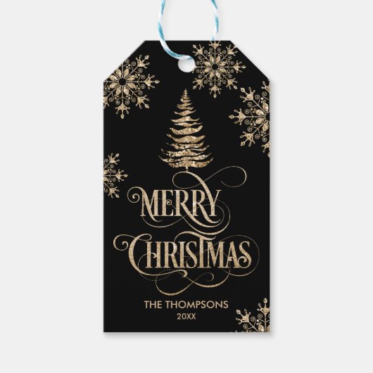 金ゴールド素朴グリッタークリスマスツリーメリークリスマス ギフトタグ (正面)