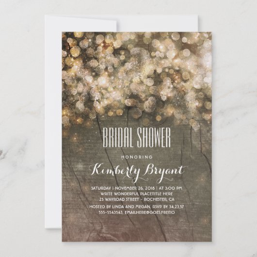 金ゴールド素朴グリッターライツウッドブライダルシャワー 招待状 (正面)