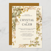 金ゴールド素朴グリーンユーカリの結婚葉 招待状 (正面/裏面)