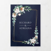 金ゴールド素朴コットンユーカリQRコードネイビー結婚ズ 三つ折り招待状 (カバー)