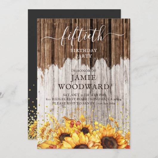 金ゴールド素朴サンフラワーズバーンウッド50誕生日 招待状 (正面/裏面)