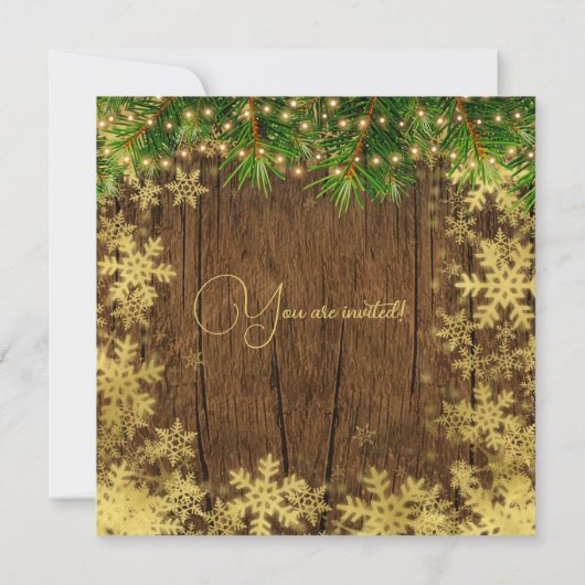 金ゴールド素朴スノー&パインライト会社のクリスマスリボン 招待状 (裏面)