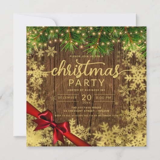 金ゴールド素朴スノー&パインライト会社のクリスマスリボン 招待状 (正面)