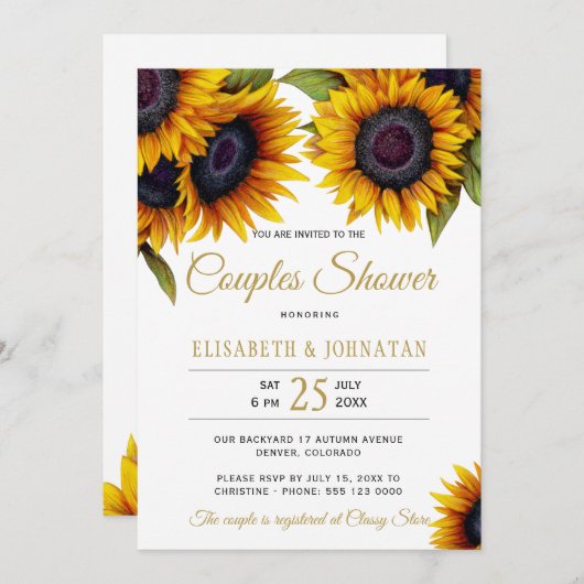 金ゴールド素朴スフラワーエレガントカップルのシャワー 招待状 (正面/裏面)