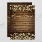 金ゴールド素朴ダマスクとバーンウッド結婚ズ 招待状 (正面/裏面)