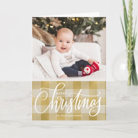 金ゴールド素朴バッファローのプレイドメリークリスマスフォト シーズンカード (正面)